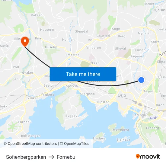 Sofienbergparken to Fornebu map