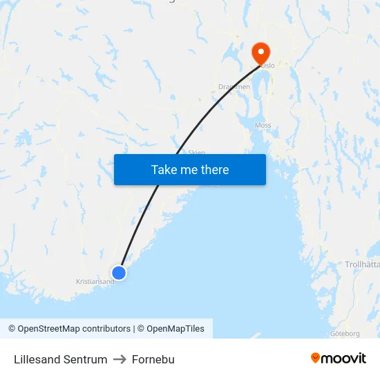 Lillesand Sentrum to Fornebu map