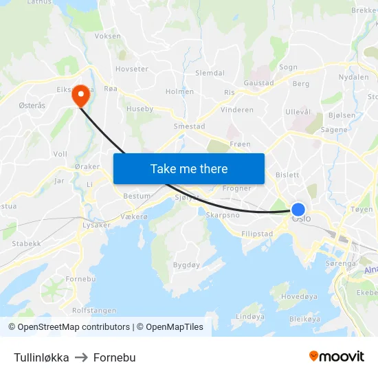 Tullinløkka to Fornebu map