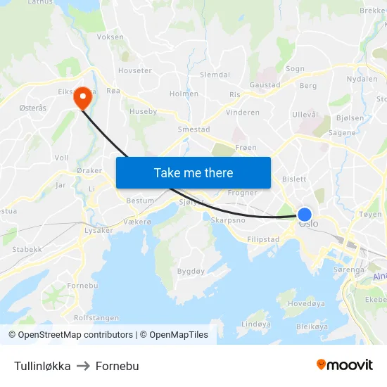 Tullinløkka to Fornebu map