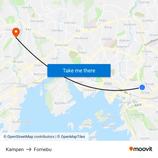 Kampen to Fornebu map
