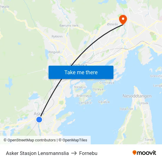 Asker Stasjon Lensmannslia to Fornebu map