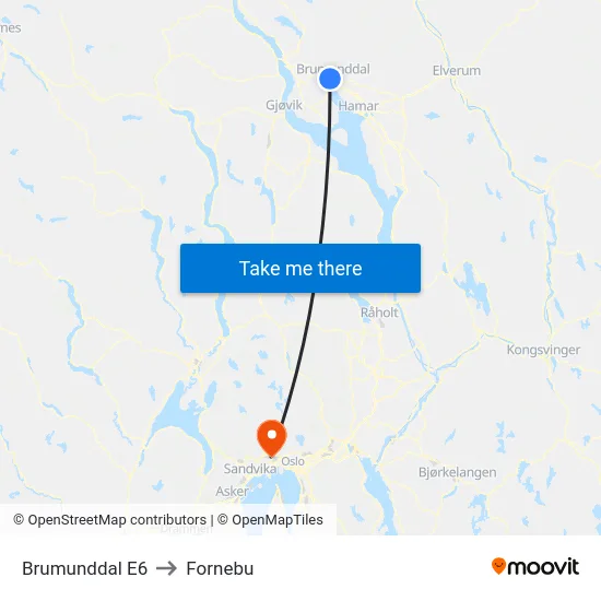 Brumunddal E6 to Fornebu map