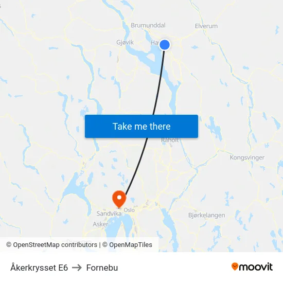Åkerkrysset E6 to Fornebu map