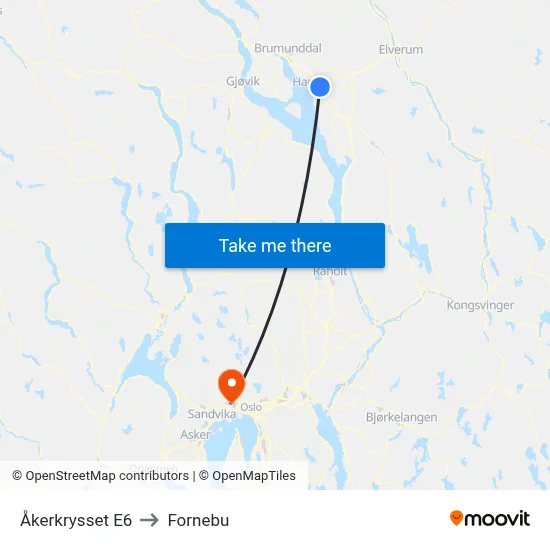 Åkerkrysset E6 to Fornebu map