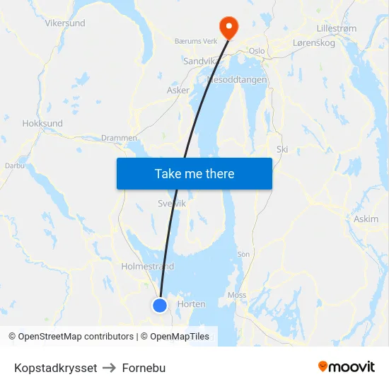 Kopstadkrysset to Fornebu map