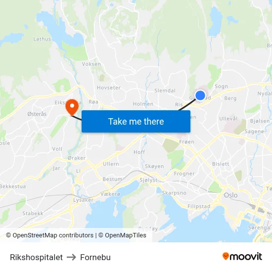 Rikshospitalet to Fornebu map