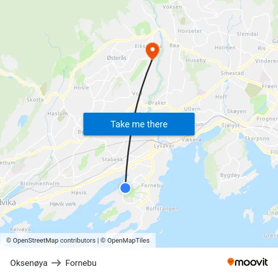 Oksenøya to Fornebu map