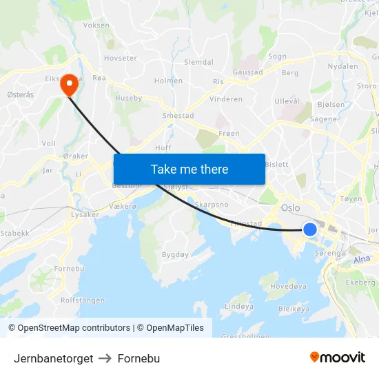 Jernbanetorget to Fornebu map