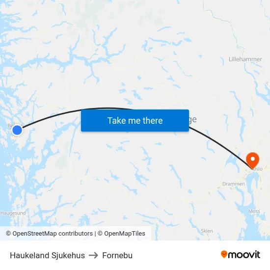 Haukeland Sjukehus to Fornebu map