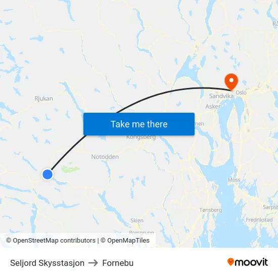 Seljord Skysstasjon to Fornebu map
