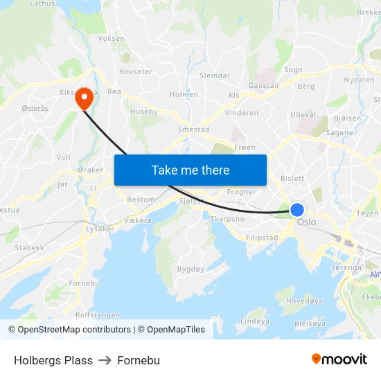 Holbergs Plass to Fornebu map