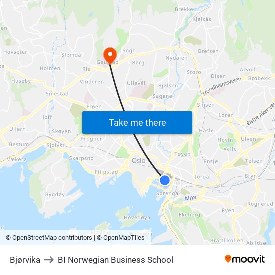 Bjørvika to BI Norwegian Business School map