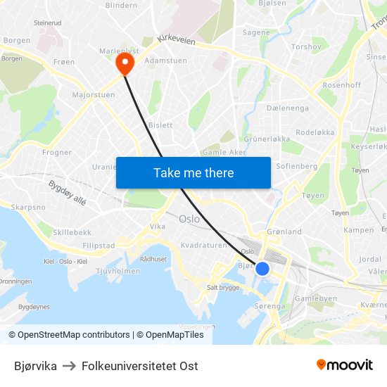 Bjørvika to Folkeuniversitetet Ost map