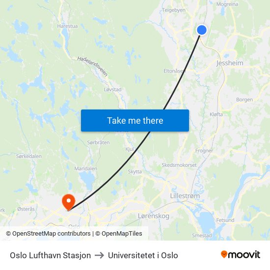 Oslo Lufthavn Stasjon to Universitetet i Oslo map