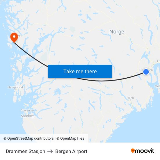 Drammen Stasjon to Bergen Airport map
