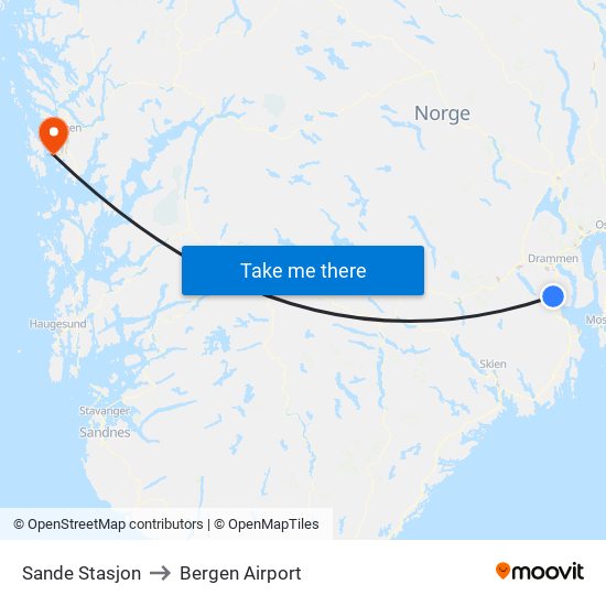 Sande Stasjon to Bergen Airport map