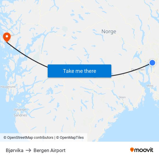 Bjørvika to Bergen Airport map