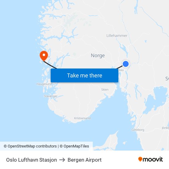 Oslo Lufthavn Stasjon to Bergen Airport map
