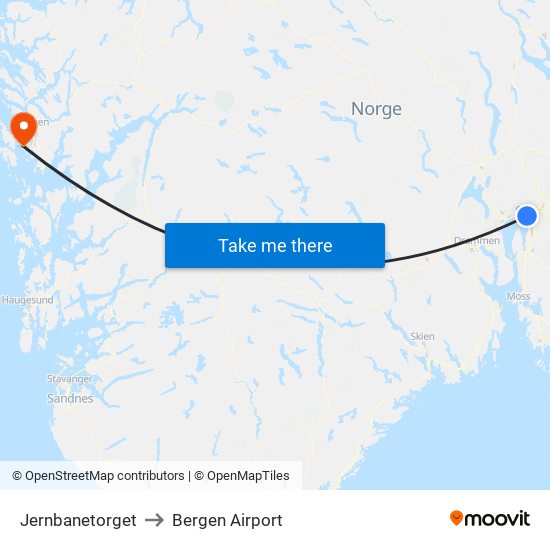 Jernbanetorget to Bergen Airport map