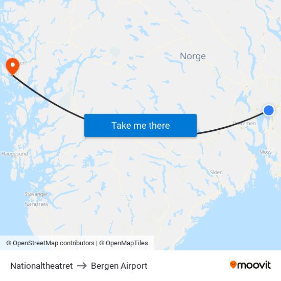 Nationaltheatret to Bergen Airport map