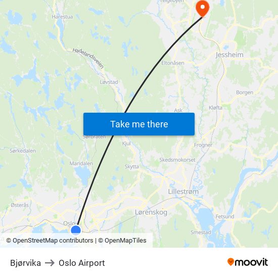 Bjørvika to Oslo Airport map