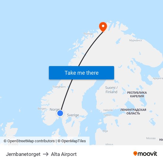 Jernbanetorget to Alta Airport map