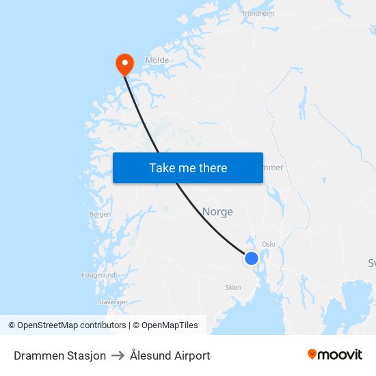 Drammen Stasjon to Ålesund Airport map