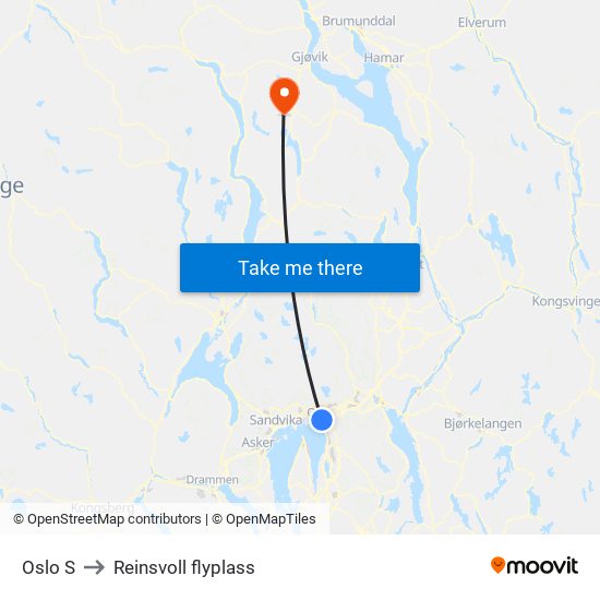 Oslo S to Reinsvoll flyplass map