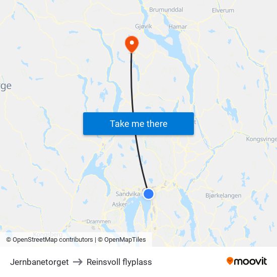 Jernbanetorget to Reinsvoll flyplass map