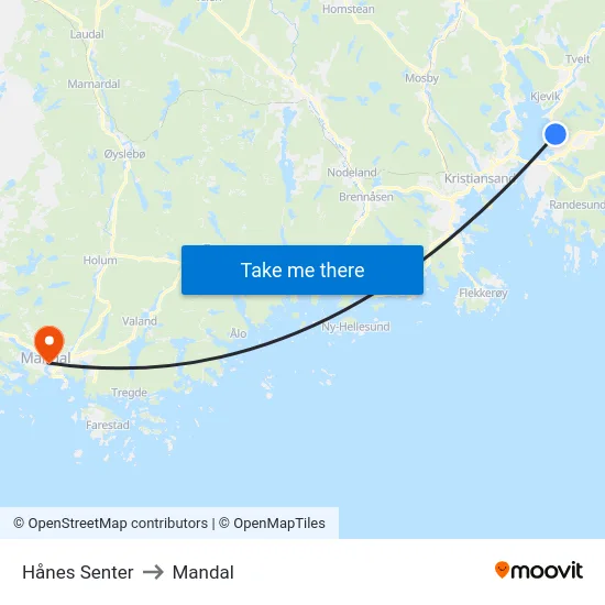 Hånes Senter to Mandal map