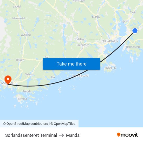 Sørlandssenteret Terminal to Mandal map