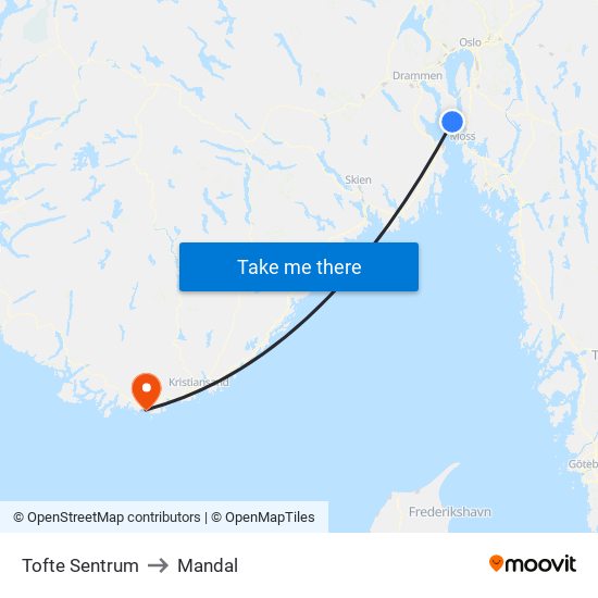 Tofte Sentrum to Mandal map