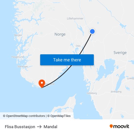 Flisa Busstasjon to Mandal map