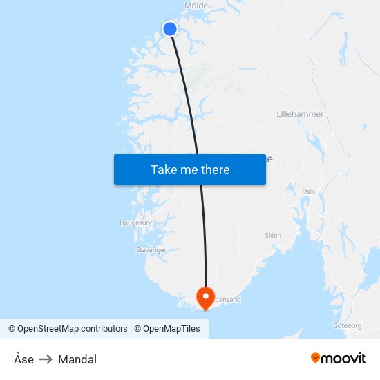 Åse to Mandal map