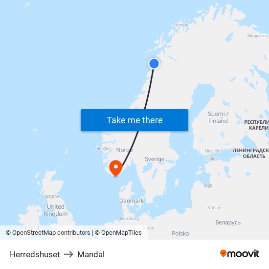 Herredshuset to Mandal map