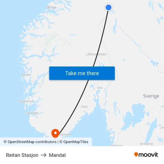Reitan Stasjon to Mandal map