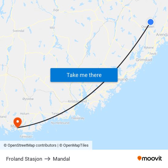 Froland Stasjon to Mandal map