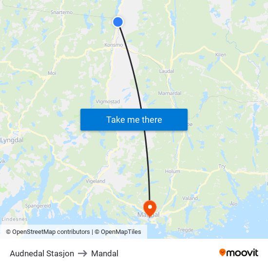 Audnedal Stasjon to Mandal map