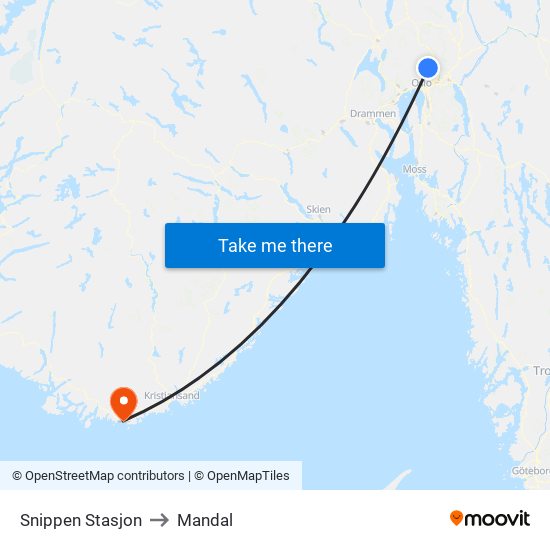 Snippen Stasjon to Mandal map