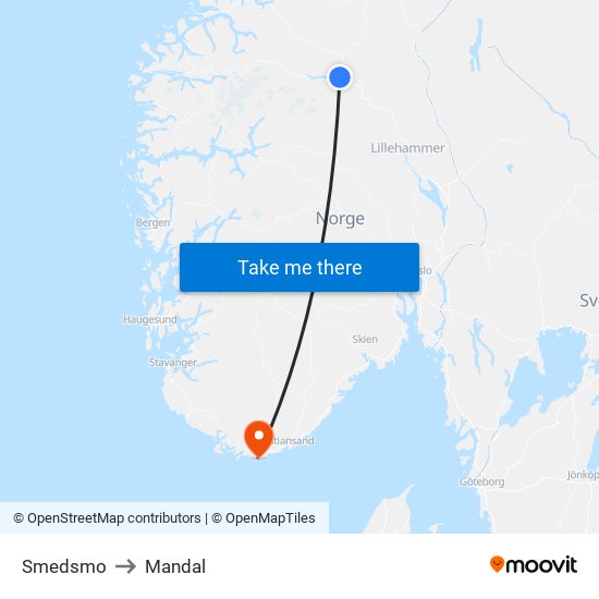 Smedsmo to Mandal map