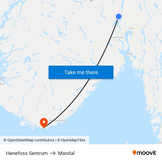 Hønefoss Sentrum to Mandal map