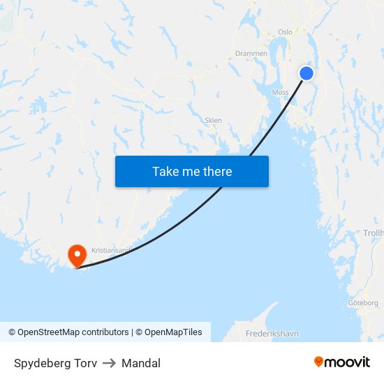 Spydeberg Torv to Mandal map