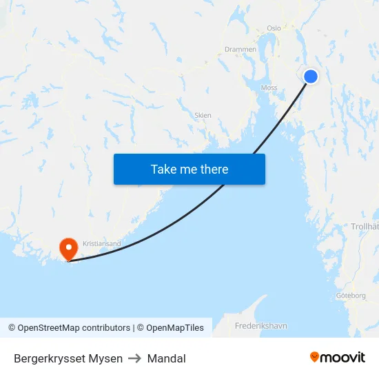 Bergerkrysset Mysen to Mandal map