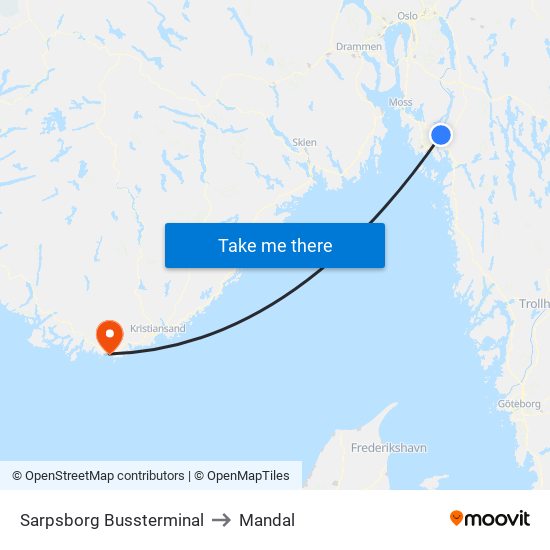 Sarpsborg Bussterminal to Mandal map