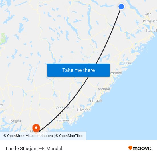 Lunde Stasjon to Mandal map