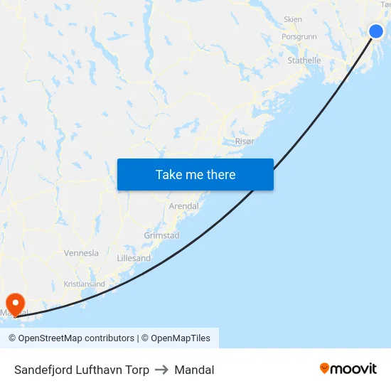 Sandefjord Lufthavn Torp to Mandal map