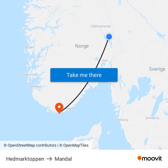 Hedmarktoppen to Mandal map