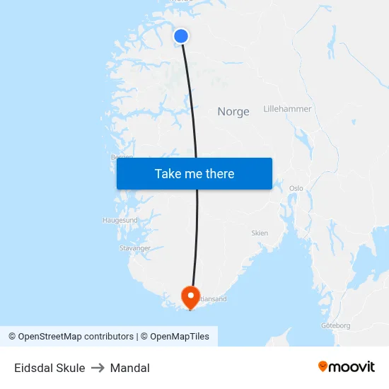 Eidsdal Skule to Mandal map