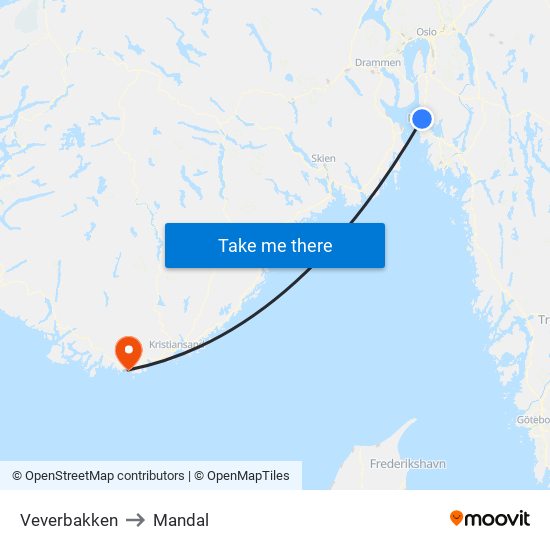 Veverbakken to Mandal map